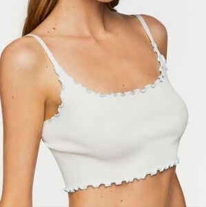 New. White Ribbed Crop Top with Blue Trim
